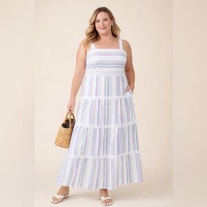 J.McLaughlin Hestia Linen Blend Striped Maxi Dress Size 14 Resort Coastal Chic